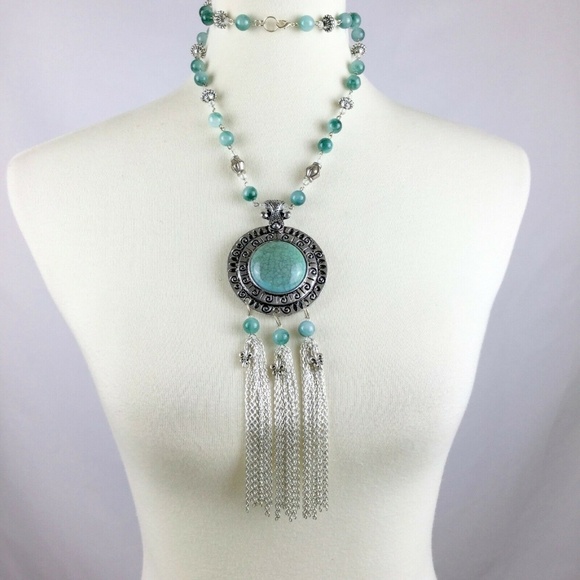 Bohemian Statement Necklace Jade Beaded Tassels - Picture 7 of 8